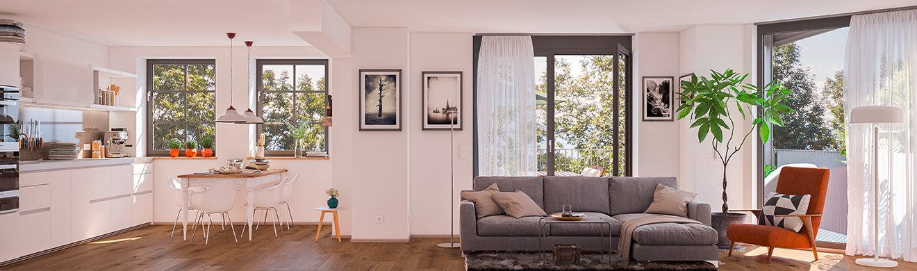 Großzügiger Wohn- und Essbereich mit lichtdurchfluteten Fensterfronten, stilvollen Möbeln und warmen Holzakzenten.