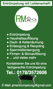 Banner von P & M in Preetz mit Kontaktdaten sowie Informationen zu Entrümpelung, Gebäudeentkernung, Rückbau und weiteren Dienstleistungen.