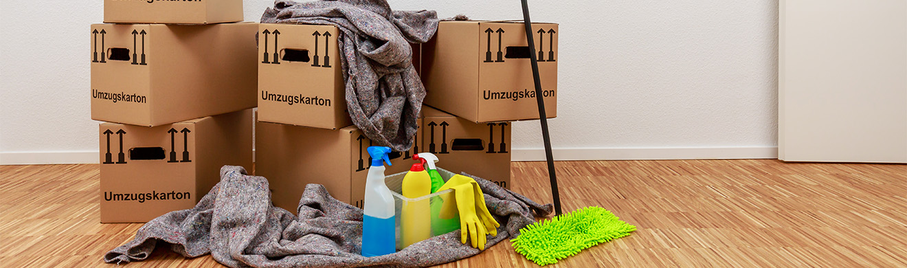 Aufgeräumter weißer Raum mit Umzugskartons, Reinigungsutensilien und vorbereiteten Flächen für Entrümpelung in Geesthacht Wohnungsauflösung in sauberer Umgebung vorbereitet.