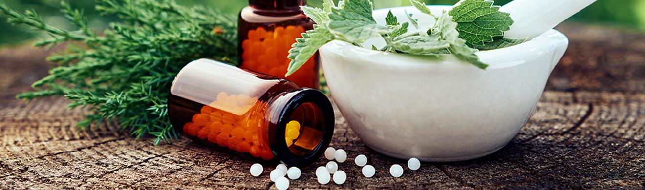 Fläschchen mit homöopathischen Globuli vor Brennnessel  und Minzblättern – natürliche Heilmittel in Ratzeburg.