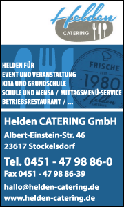 Banner von Helden Catering zeigt Angebote für Kita-, Schul- und Seniorenverpflegung in Stockelsdorf mit Leistungsübersicht.