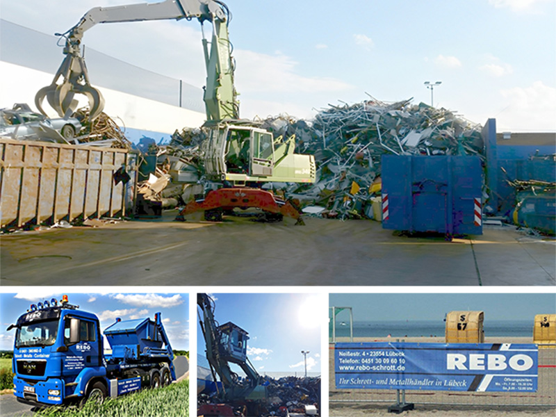 Collage mit Bildern für den Metallhandel: Metallberge, Container, Maschinen auf dem Betriebsgelände der REBO in Lübeck.